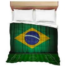 Soccer Field With Flag Of Brazil On Green Curtain Bedding 65905769