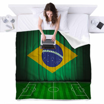 Soccer Field With Flag Of Brazil On Green Curtain Blankets 65905769