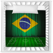 Soccer Field With Flag Of Brazil On Green Curtain Nursery Decor 65905769