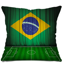 Soccer Field With Flag Of Brazil On Green Curtain Pillows 65905769