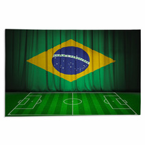 Soccer Field With Flag Of Brazil On Green Curtain Rugs 65905769