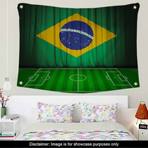 Soccer Field With Flag Of Brazil On Green Curtain Wall Art 65905769