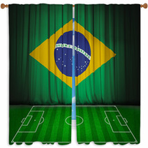 Soccer Field With Flag Of Brazil On Green Curtain Window Curtains 65905769