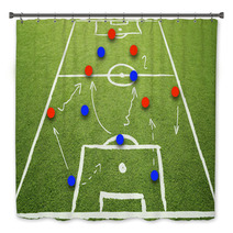 Soccer Game Strategy Plan Concept On Sketch Football Field Soccer Strategy Plan Team On Sunny Green Grass Background Bath Decor 103055907