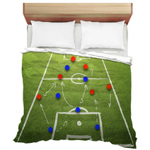 Soccer Game Strategy Plan Concept On Sketch Football Field Soccer Strategy Plan Team On Sunny Green Grass Background Bedding 103055907