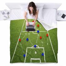 Soccer Game Strategy Plan Concept On Sketch Football Field Soccer Strategy Plan Team On Sunny Green Grass Background Blankets 103055907