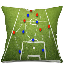 Soccer Game Strategy Plan Concept On Sketch Football Field Soccer Strategy Plan Team On Sunny Green Grass Background Pillows 103055907