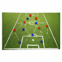 Soccer Game Strategy Plan Concept On Sketch Football Field Soccer Strategy Plan Team On Sunny Green Grass Background Rugs 103055907