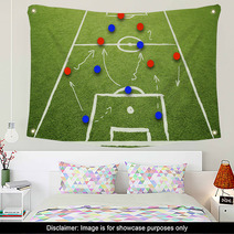 Soccer Game Strategy Plan Concept On Sketch Football Field Soccer Strategy Plan Team On Sunny Green Grass Background Wall Art 103055907