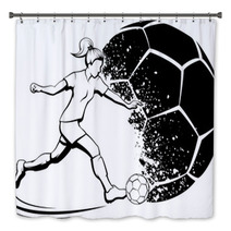 Soccer Girl Kicking With Grunge Soccer Ball Background Bath Decor 213730105