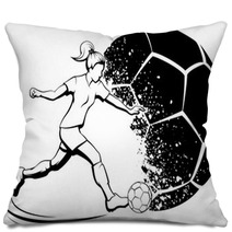 Soccer Girl Kicking With Grunge Soccer Ball Background Pillows 213730105