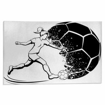 Soccer Girl Kicking With Grunge Soccer Ball Background Rugs 213730105