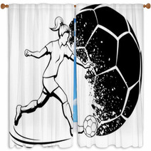 Soccer Girl Kicking With Grunge Soccer Ball Background Window Curtains 213730105