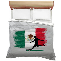 Soccer Player Action With United Mexican States Flag On Backgrou Bedding 66129520