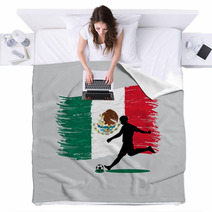 Soccer Player Action With United Mexican States Flag On Backgrou Blankets 66129520