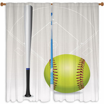 Softball Field, Ball, Bat Illustration Window Curtains 67224167