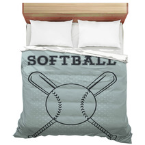 Softball Over Crossed Bats Logo Design Illustration With Text And Background Bedding 111718920