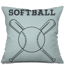 Softball Over Crossed Bats Logo Design Illustration With Text And Background Pillows 111718920