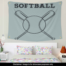 Softball Over Crossed Bats Logo Design Illustration With Text And Background Wall Art 111718920