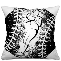 Softball Player Throwing With A Grunge Style Ball Pillows 208007402