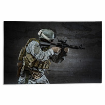 Soldier With Mask Aiming A Rifle Rugs 60916346