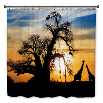 Spectacular African Sunset With Baobab And Giraffe Bath Decor 44948016