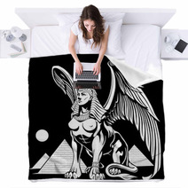 Sphynx Near The Pyramids With Wings Vector Illustration Blankets 118205852