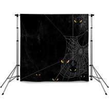 Spider Web Silhouette Against Black Shabby Wall And Evil Yellow Eyes Halloween Theme Spooky Background With Place For Your Text Backdrops 168434755