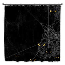 Spider Web Silhouette Against Black Shabby Wall And Evil Yellow Eyes Halloween Theme Spooky Background With Place For Your Text Bath Decor 168434755