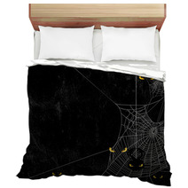 Spider Web Silhouette Against Black Shabby Wall And Evil Yellow Eyes Halloween Theme Spooky Background With Place For Your Text Bedding 168434755