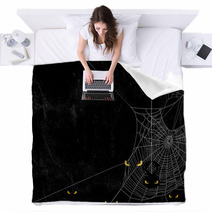Spider Web Silhouette Against Black Shabby Wall And Evil Yellow Eyes Halloween Theme Spooky Background With Place For Your Text Blankets 168434755