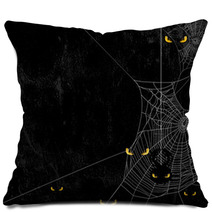Spider Web Silhouette Against Black Shabby Wall And Evil Yellow Eyes Halloween Theme Spooky Background With Place For Your Text Pillows 168434755