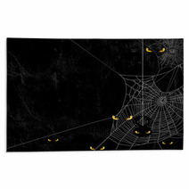 Spider Web Silhouette Against Black Shabby Wall And Evil Yellow Eyes Halloween Theme Spooky Background With Place For Your Text Rugs 168434755