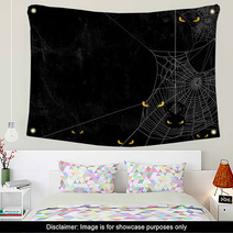 Spider Web Silhouette Against Black Shabby Wall And Evil Yellow Eyes Halloween Theme Spooky Background With Place For Your Text Wall Art 168434755