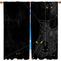 Spider Web Silhouette Against Black Shabby Wall And Evil Yellow Eyes Halloween Theme Spooky Background With Place For Your Text Window Curtains 168434755