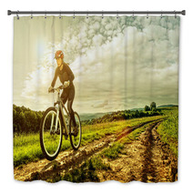 Sport Bike Woman On A Meadow With A Beautiful Landscape Bath Decor 64906341