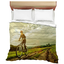 Sport Bike Woman On A Meadow With A Beautiful Landscape Bedding 64906341