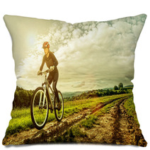 Sport Bike Woman On A Meadow With A Beautiful Landscape Pillows 64906341