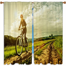 Sport Bike Woman On A Meadow With A Beautiful Landscape Window Curtains 64906341