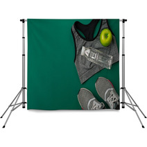 Sports Accessories For Fitness On The Green Floor Healthy Lifestyle Concept Backdrops 144222563