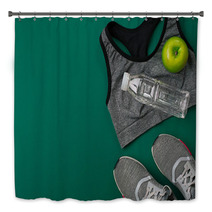 Sports Accessories For Fitness On The Green Floor Healthy Lifestyle Concept Bath Decor 144222563