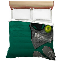 Sports Accessories For Fitness On The Green Floor Healthy Lifestyle Concept Bedding 144222563