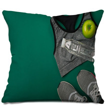 Sports Accessories For Fitness On The Green Floor Healthy Lifestyle Concept Pillows 144222563