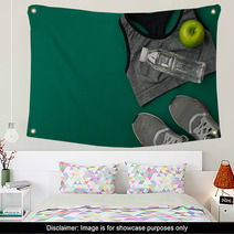 Sports Accessories For Fitness On The Green Floor Healthy Lifestyle Concept Wall Art 144222563