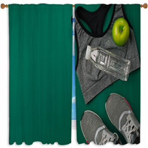 Sports Accessories For Fitness On The Green Floor Healthy Lifestyle Concept Window Curtains 144222563