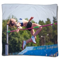 Sportswoman Jumps In Height Blankets 65520375