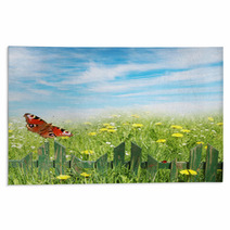 Spring Background, Grass And Wooden Fence Rugs 60712419