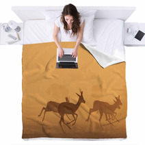 Springbok Antelope - Golden Sunset Wildlife Silhouettes Blankets 92948743