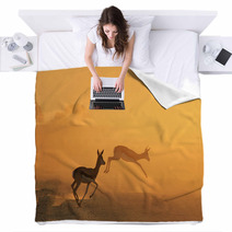 Springbok Antelope - Golden Sunset Wildlife Silhouettes Blankets 92949187
