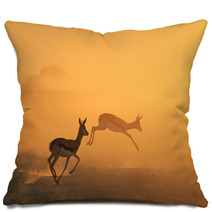 Springbok Antelope - Golden Sunset Wildlife Silhouettes Pillows 92949187